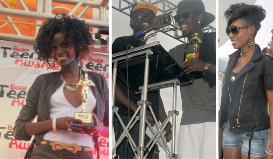 Hellen Lukoma picked up the Best TV Show trophy on behalf of The Hostel. Rapper Mun G accepts his best male artiste accolade. He picked four trophies. Cindy at the awards. 