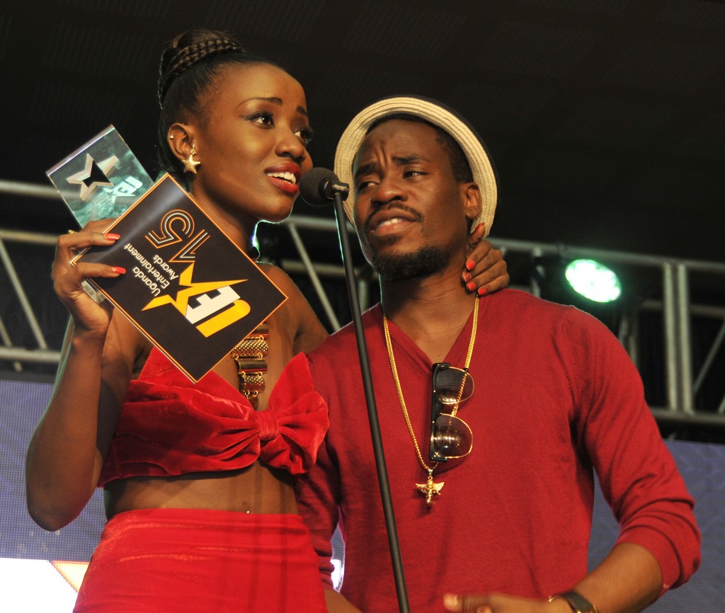 Musician Lydia Jazmine (L) with Ray Signature after winning the award at Commonwealth Resort in Munyonyo on Friday