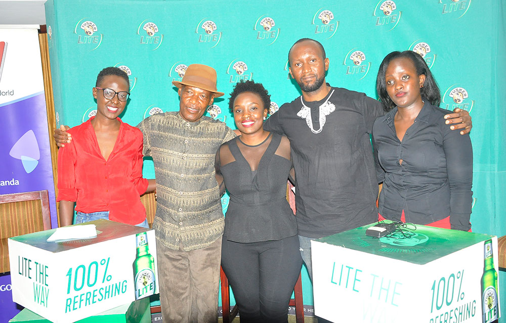 Afsa Umutesi, from House of DJs, musician Sammy Kasule, Grace Namutebi, Tusker Lite’s brand manager, Qwela Junction’s Joe Kahirimbanyi and NTV Uganda and Spark TV’s brand manager, Mercy Natukunda, pose for the cameras at a press conference earlier today, at Kampala Serena Hotel, where the Bosses of Bass Qwela Junction is taking place this Sunday. Photo by EDGAR R. BATTE.