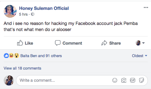 A screenshot of a post in which Honey Suleman alleges that Jack Pemba hacked into her Facebook page