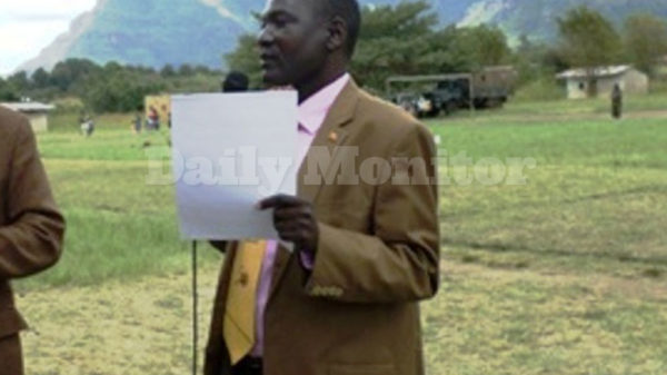 A file photo of Mr Geoffrey Aluma speaking during the independence cellebrations in Nakapiripirit in 2014.