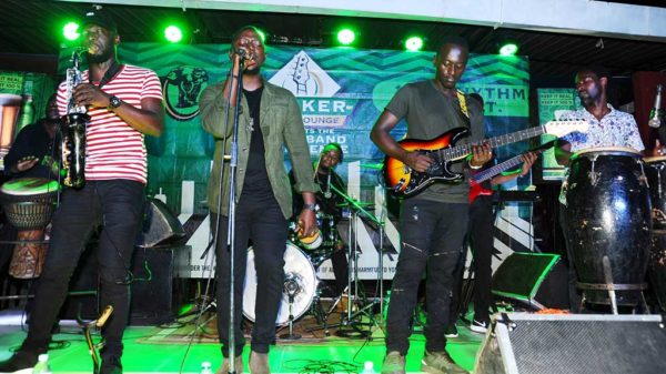 Janzi band members entertain the guests during the Tusker malt music Lounge at Gabz Lounge